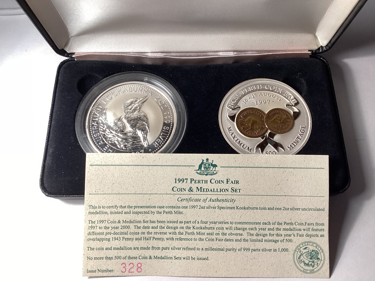 1997 Perth Coin Fair Silver Coin and Medallion Set. 2oz Kookaburra & 2oz Medallion.