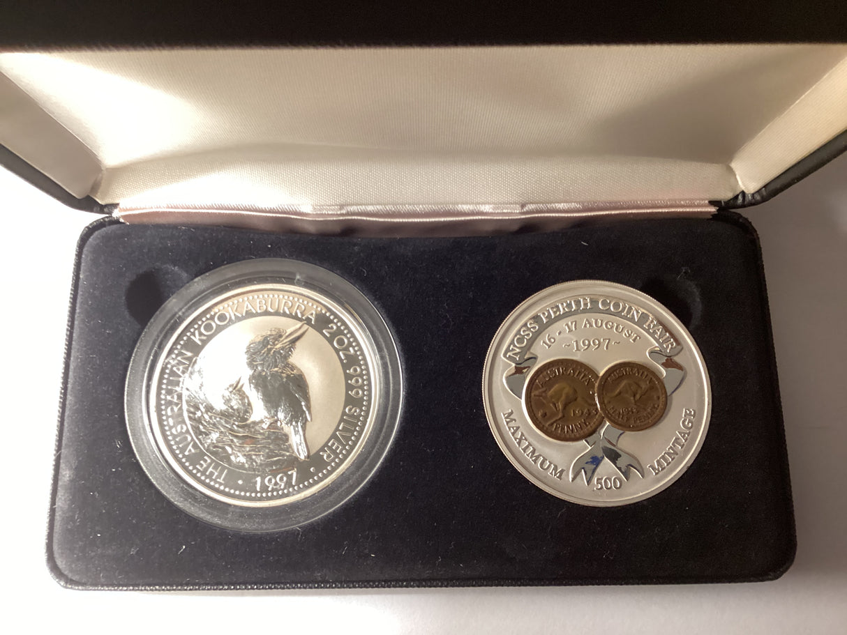 1997 Perth Coin Fair Silver Coin and Medallion Set. 2oz Kookaburra & 2oz Medallion.