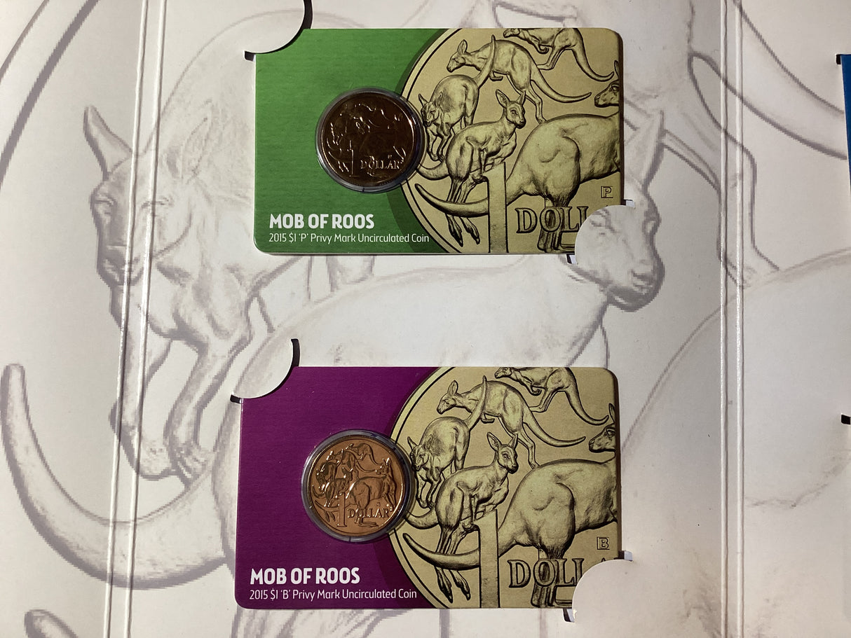2015 ANDA Money Expo Complete Mob of Roos 4 Coin Folder. ‘P’, ‘B’, ‘M’, ’S’ Privy Mark Coins.