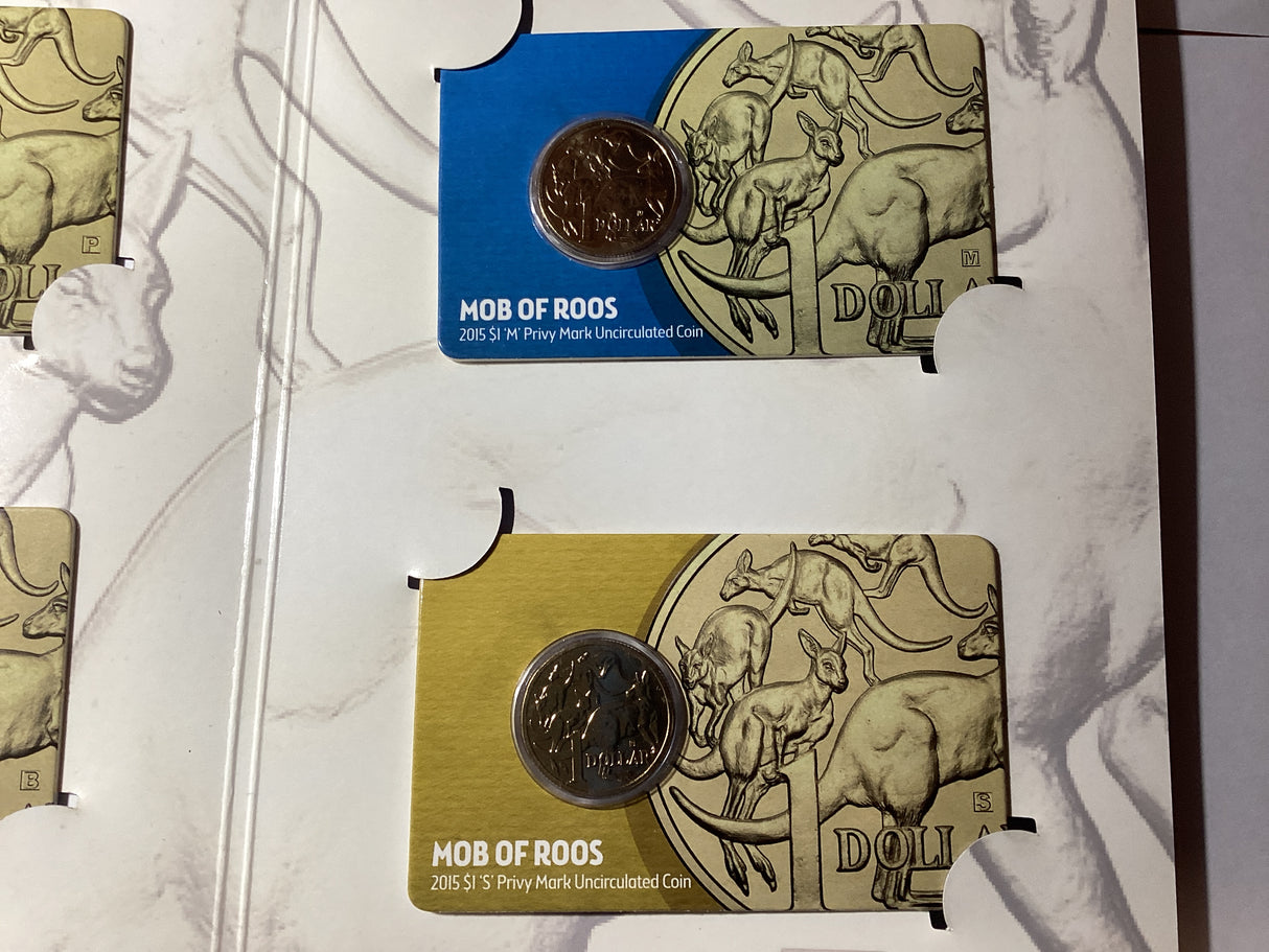 2015 ANDA Money Expo Complete Mob of Roos 4 Coin Folder. ‘P’, ‘B’, ‘M’, ’S’ Privy Mark Coins.