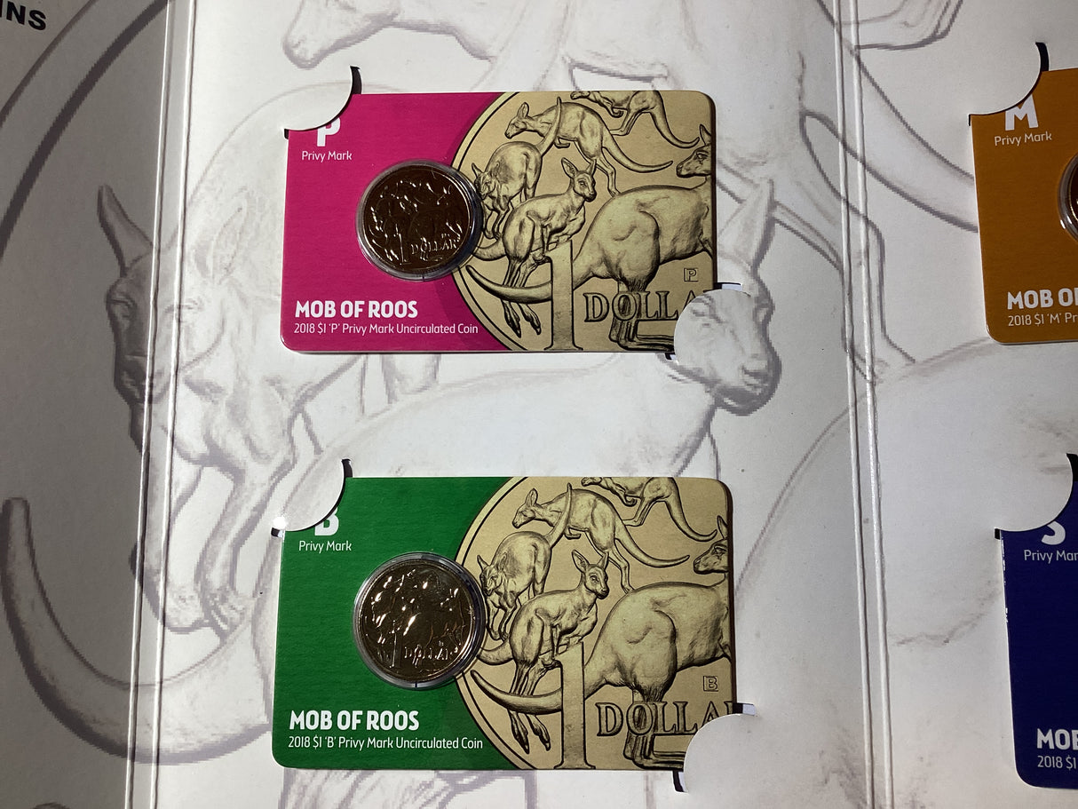 2018 ANDA Money Expo Complete Mob of Roos 4 Coin Folder. ‘P’, ‘B’, ‘M’, ’S’ Privy Mark Coins.