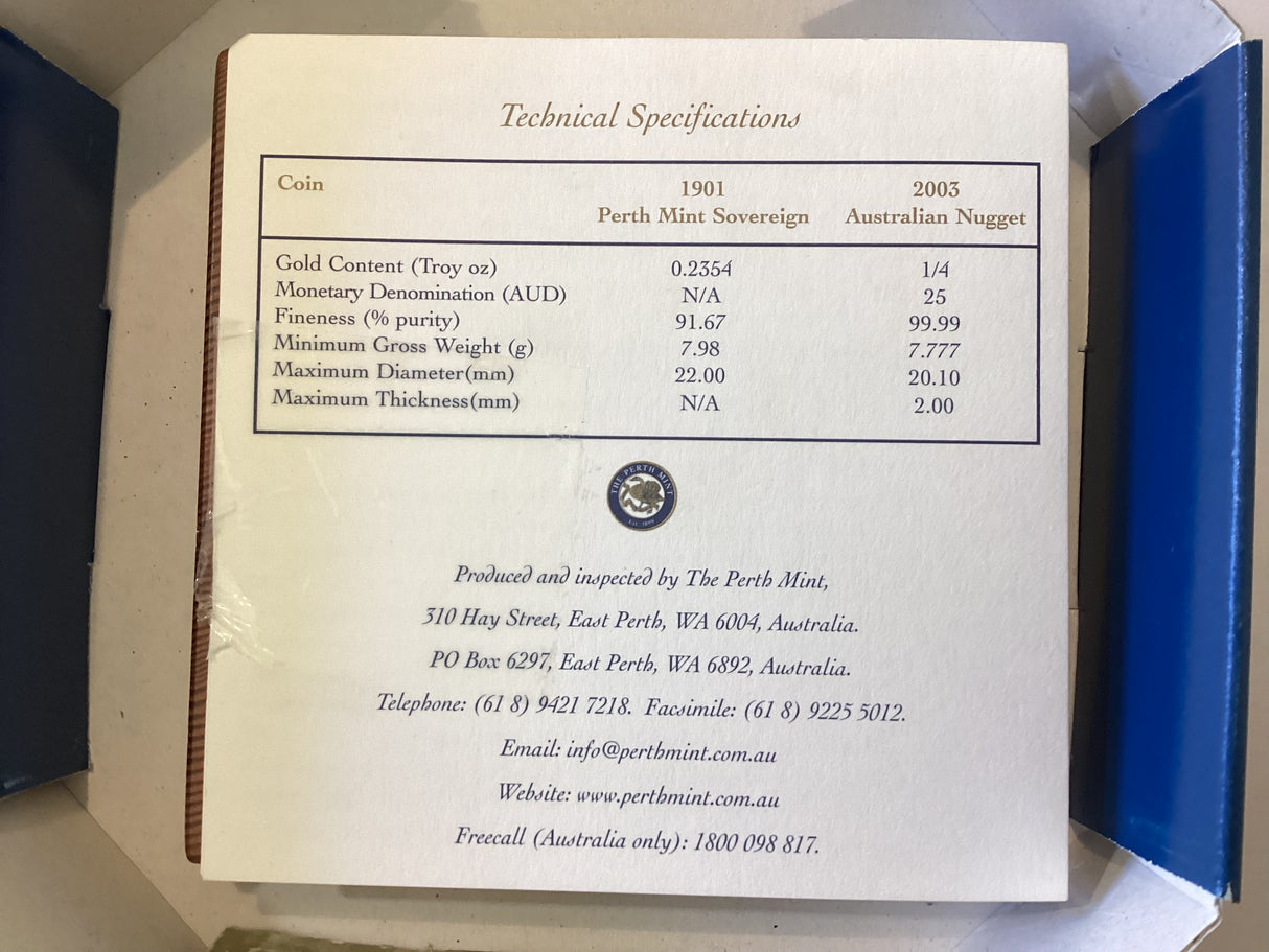 2003 Perth Mint. Flagpole Edition. 1901 P Sovereign and 2003 Proof 1/4 Ounce Gold Nugget Coin Set. 130 sets made.