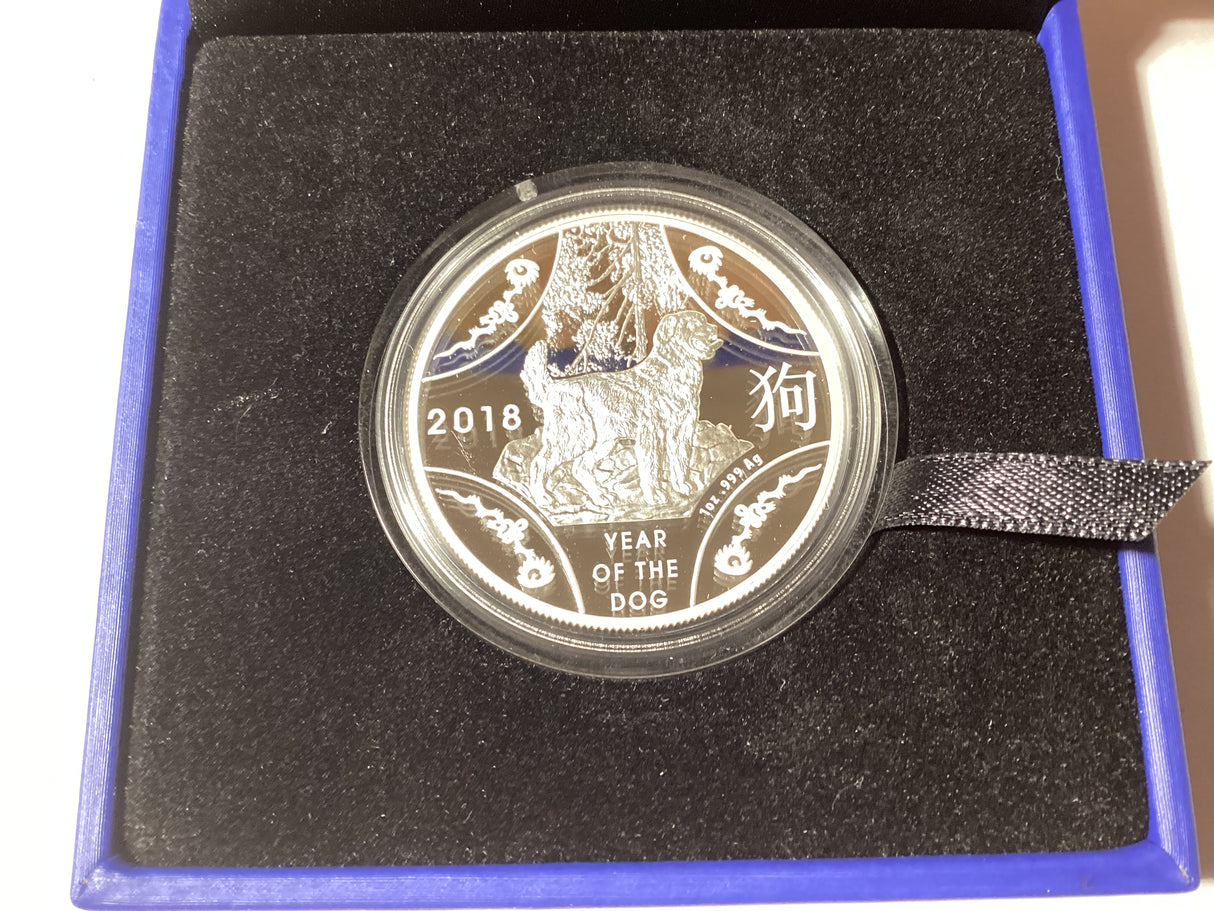 2018 $1 1oz Silver Proof Coin. Lunar Series. Year of the Dog. BLUE BOX