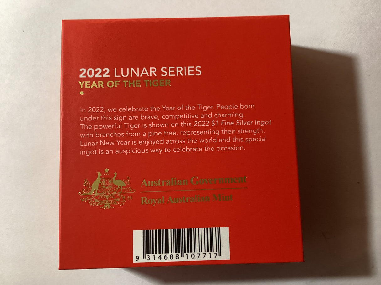 2022 $1 1/2oz Fine Silver Ingot. Lunar Series. Year of the Tiger.