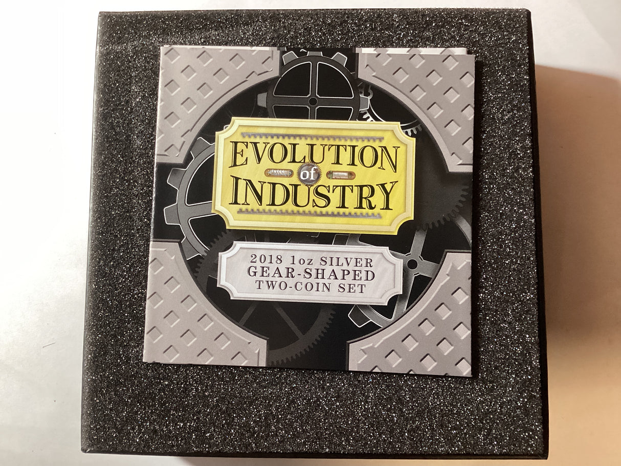 2018 Two-Coin Set. 1oz Gear-Shaped Coins. Evolution of Industry.