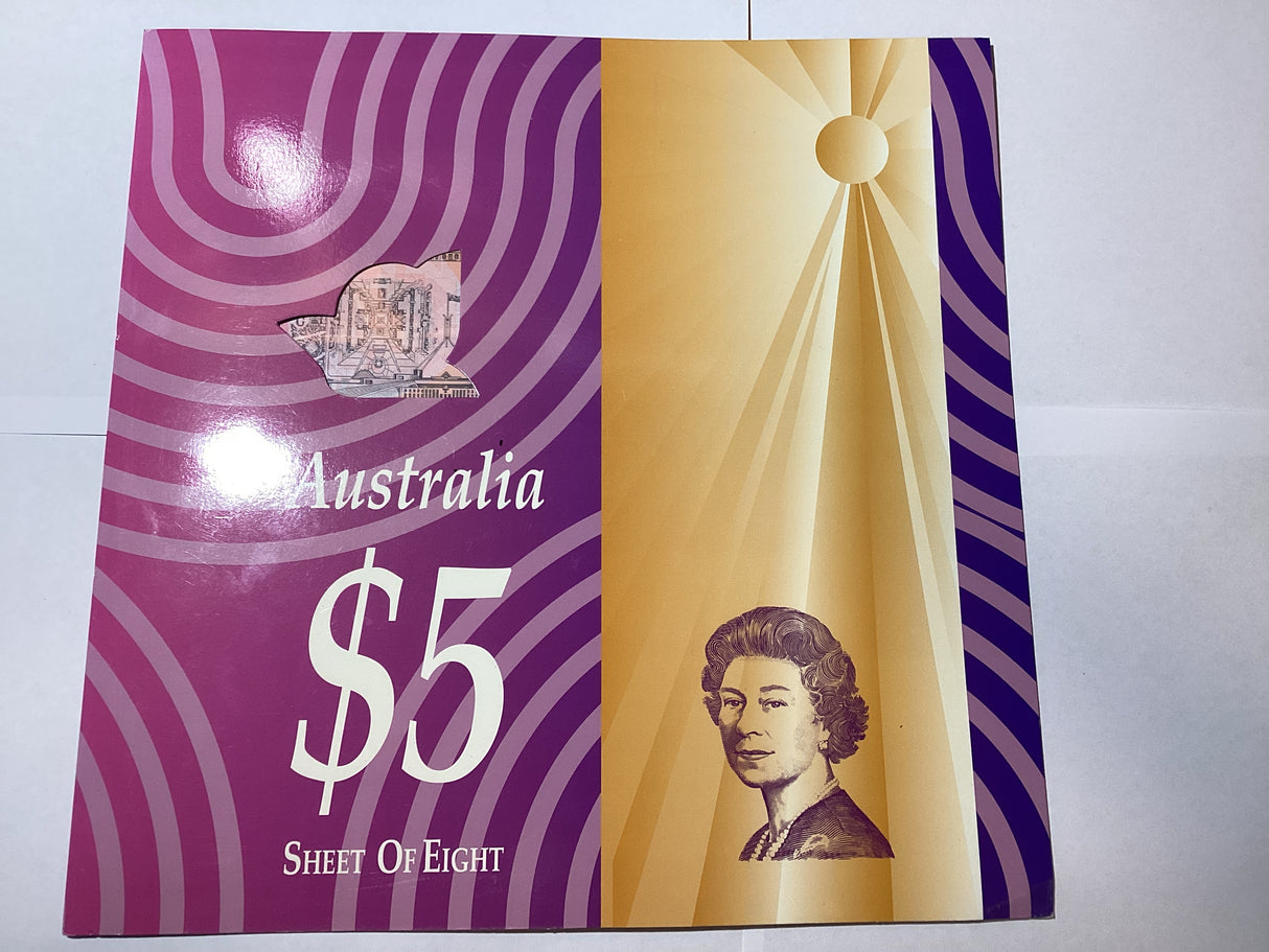 1997 Australian $5 Sheet of Eight Banknotes. NPA. Premium Edition. Red Serials.