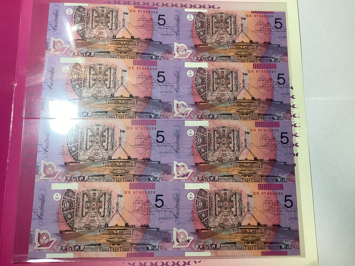 1997 Australian $5 Sheet of Eight Banknotes. NPA. Premium Edition. Red Serials.