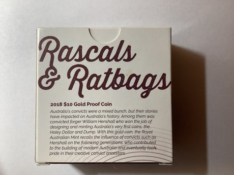 2018 $10 ‘C’ Mintmark. Rascals and Ratbags. 1/10 Ounce Gold Proof Coin.