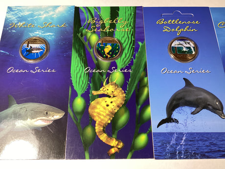 2006/2007 $1 Pad Printed Coloured Coin. Ocean Series. Complete Set.