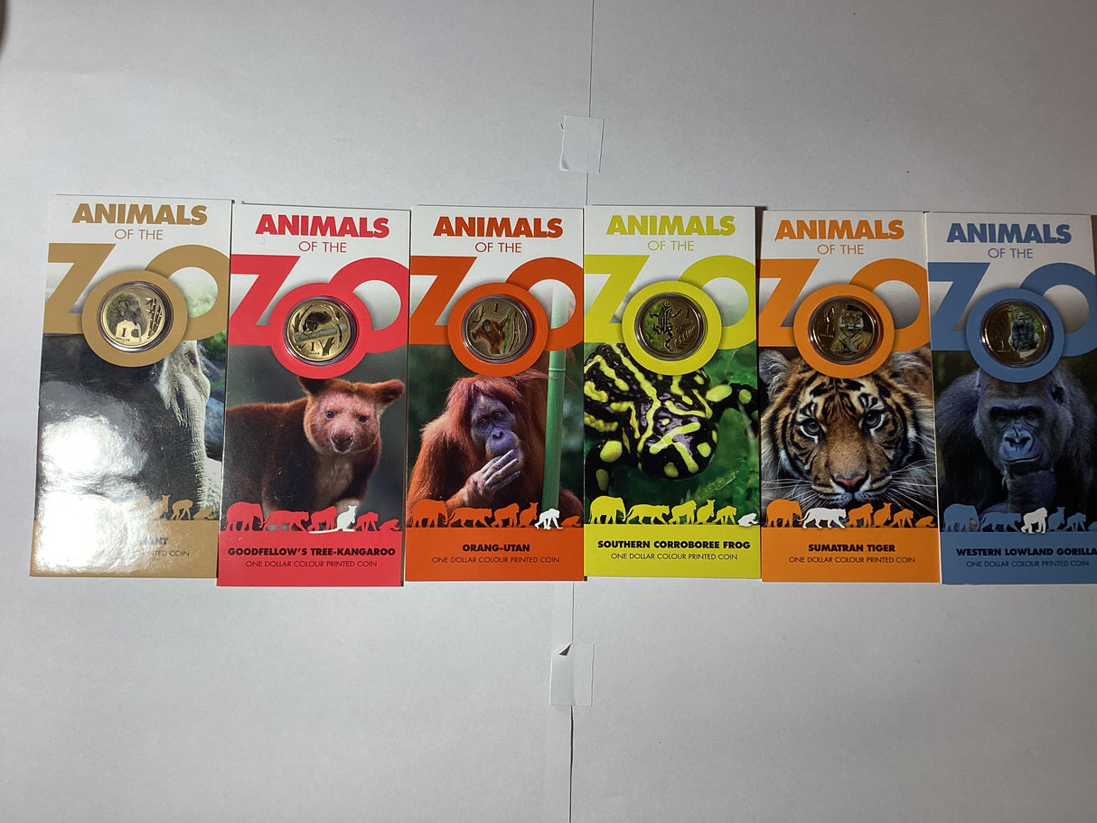 2013 $1 Pad Printed Coloured Coins. Animals of the Zoos. Complete Set