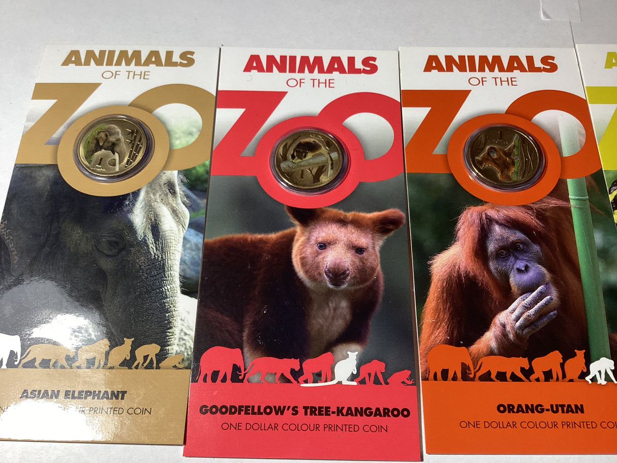 2013 $1 Pad Printed Coloured Coins. Animals of the Zoos. Complete Set