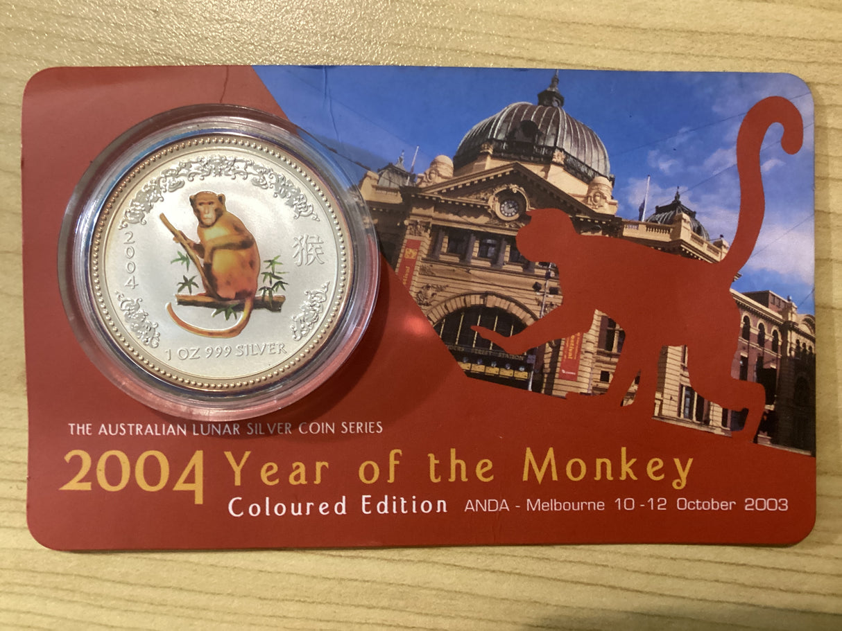 2004 1oz Silver Coloured Year of the Monkey Carded Coin