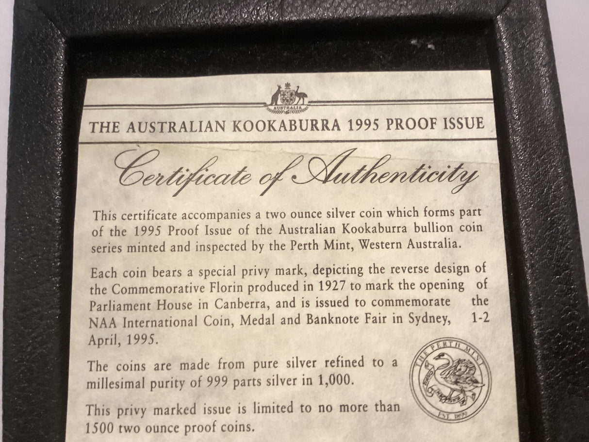 1995 $2 2oz Silver Proof Kookaburra. 1927 Florin Privy Mark. NAA Sydney.