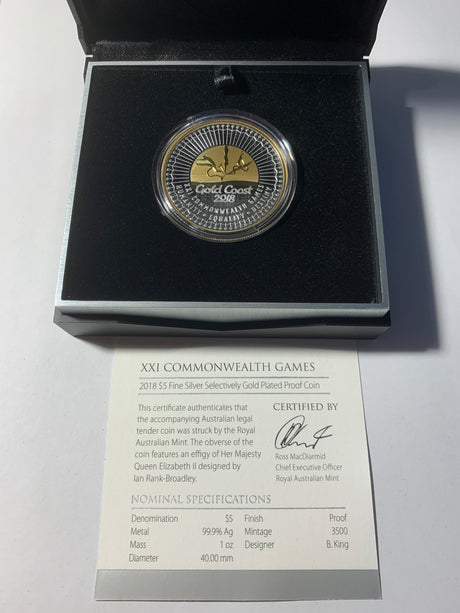 2018 $5 Fine Silver Selectively Gold Plated Proof Coin. Gold Coast Commonwealth Games.