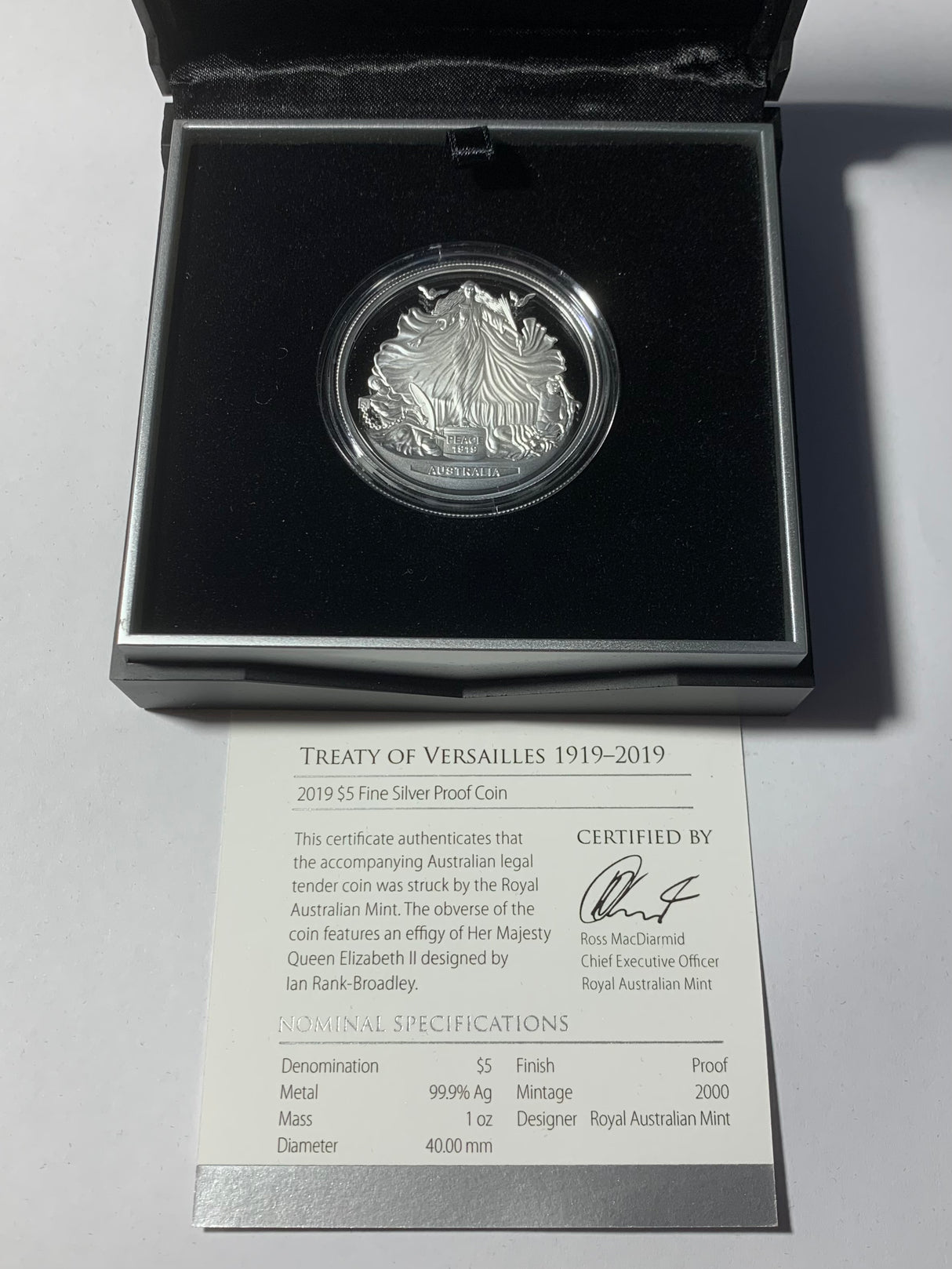 2019 $5 Fine Silver Proof Coin. Treaty of Versailles.