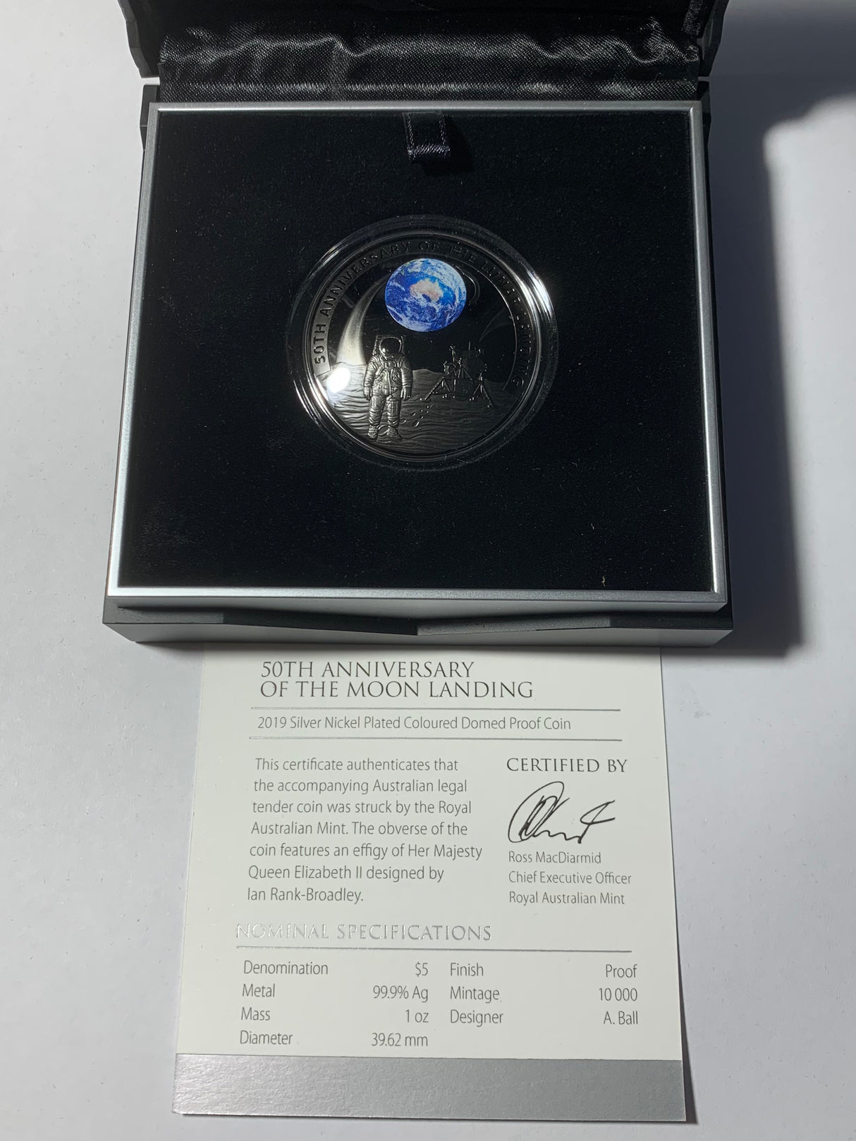 2019 $5 Silver/Nickel Plated Coloured Domed Proof Coin. 50th Anniversary of the Moon Landing.