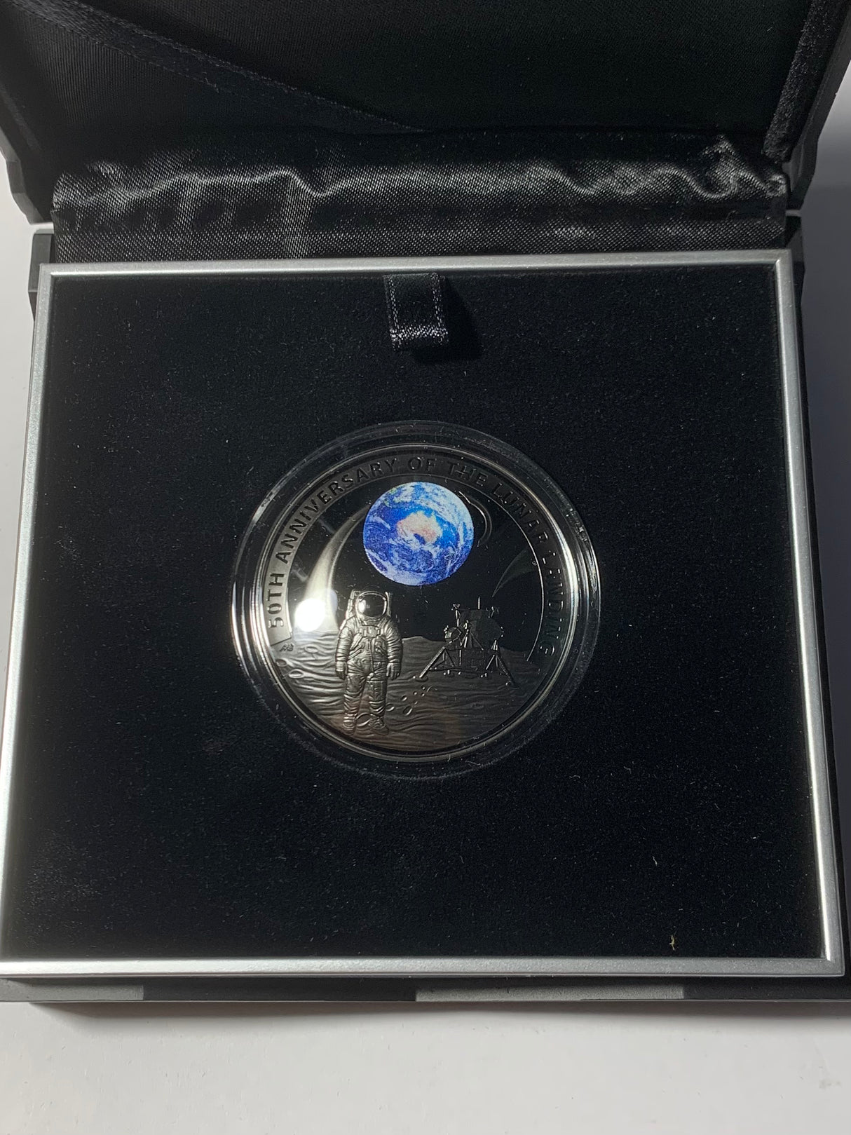 2019 $5 Silver/Nickel Plated Coloured Domed Proof Coin. 50th Anniversary of the Moon Landing.