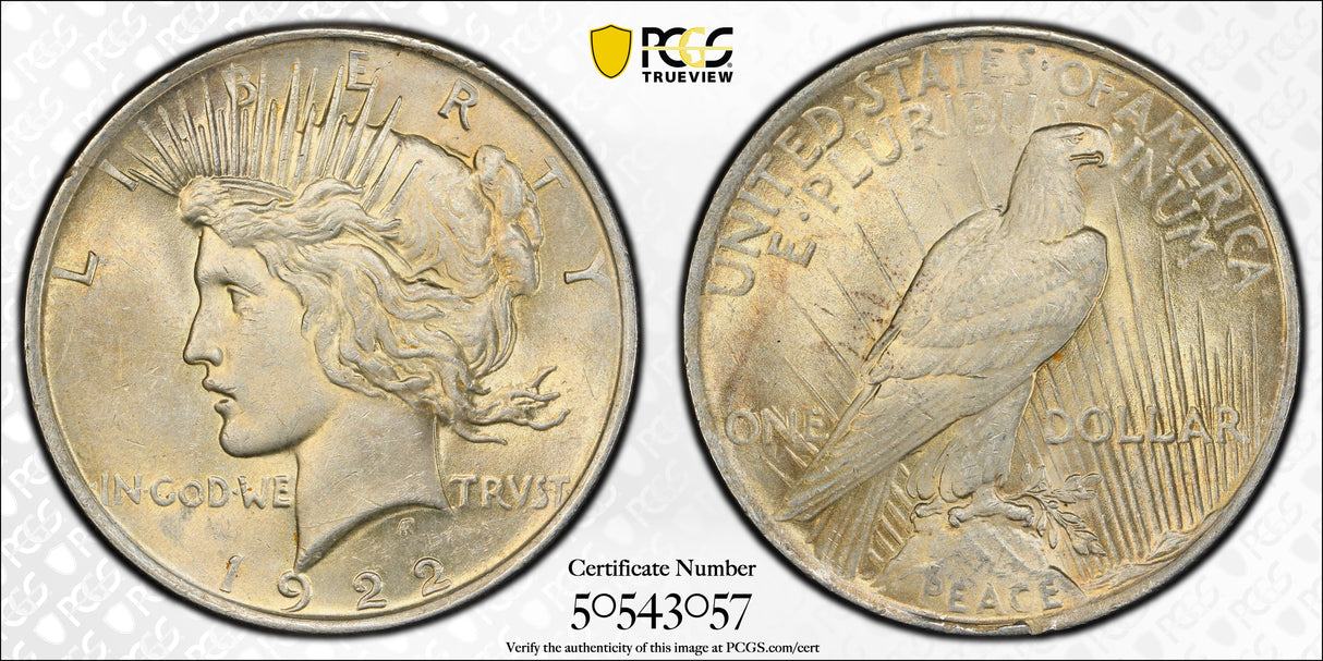 1922 $1 USA Peace Dollar. MS62