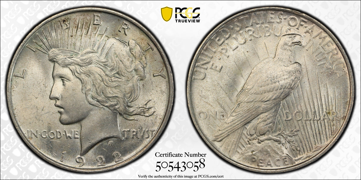 1922 $1 USA Peace Dollar. MS62