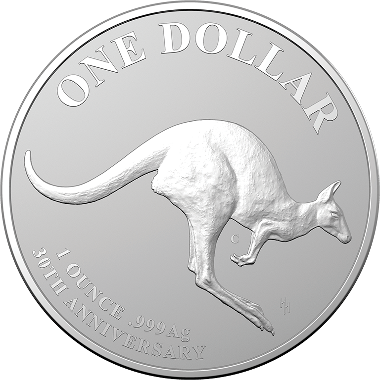 2023 Kangaroo Series 30th Ann - Mob Of Thirty $1 Fine Silver Frosted Uncirculated.