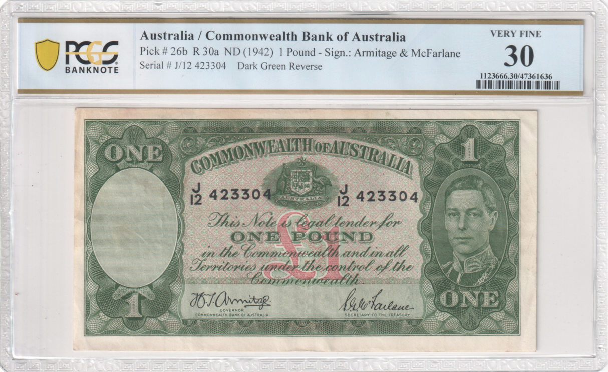 1942 1 Pound Banknote. Armitage/McFarlane. R30a. Very Fine 30