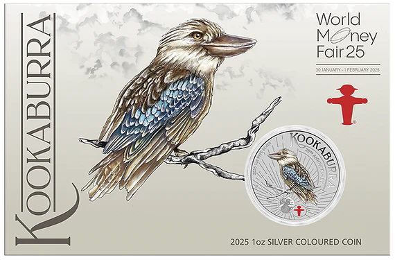 World Money Fair - Coin Show Special Australian Kookaburra 2025 1oz Silver Coloured Coin in Card