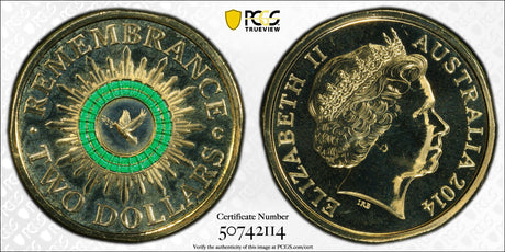 2014 $2 Green Dove. Remembrance Day ‘C’ Mintmark. PCGS MS68