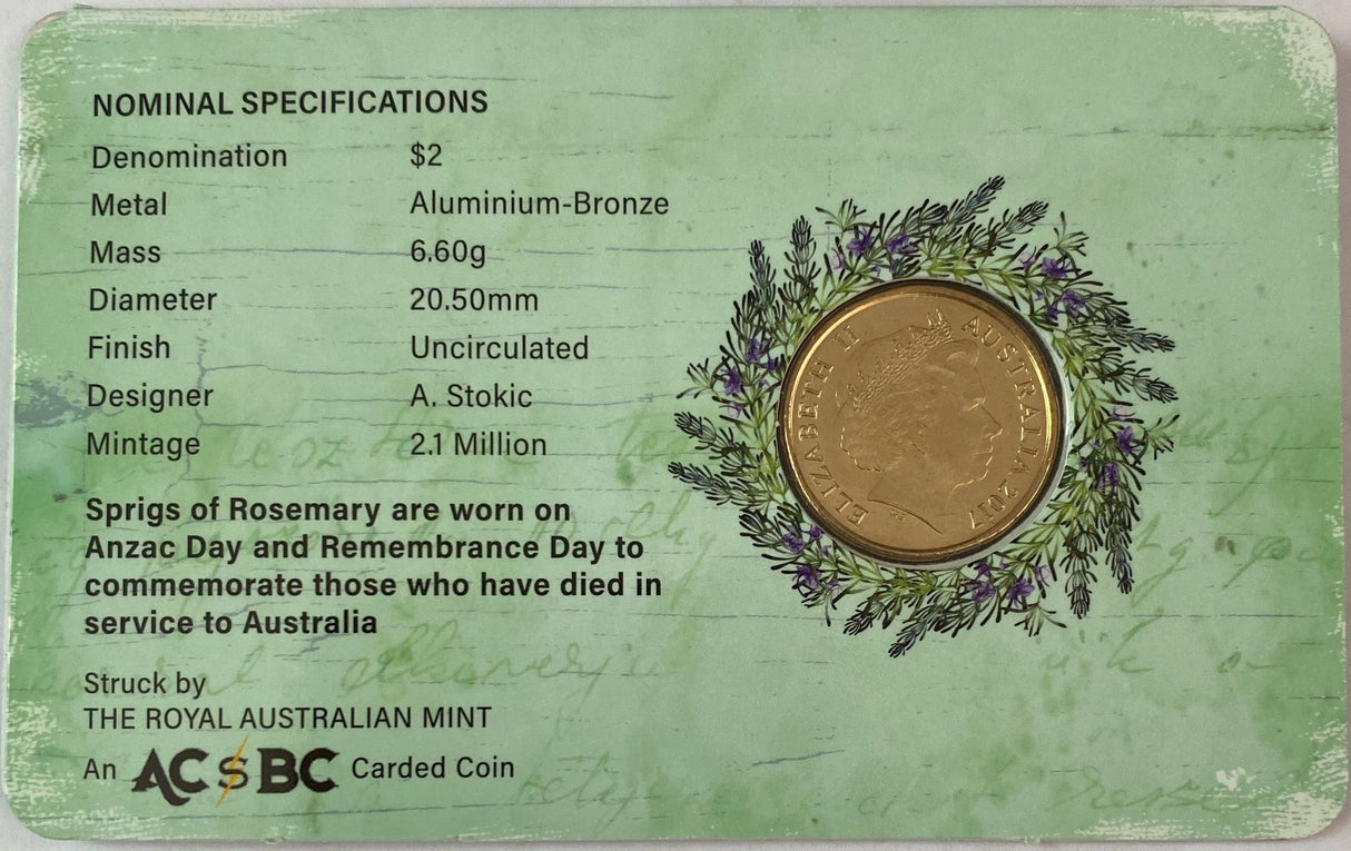 2017 $2 Remembrance Day Carded Coin