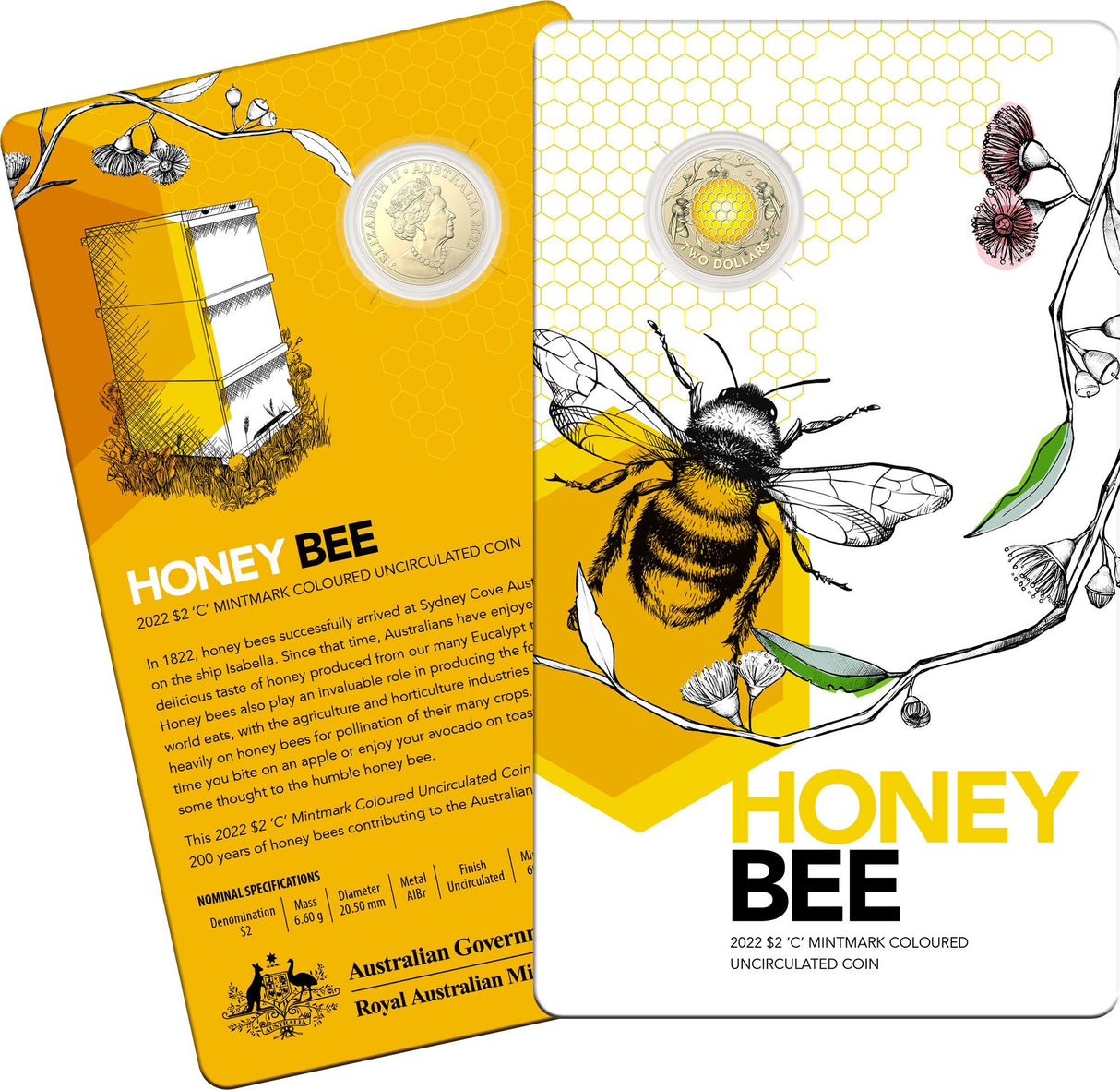 2022 'C' mintmark uncirculated carded $2 coin. Honey Bee.