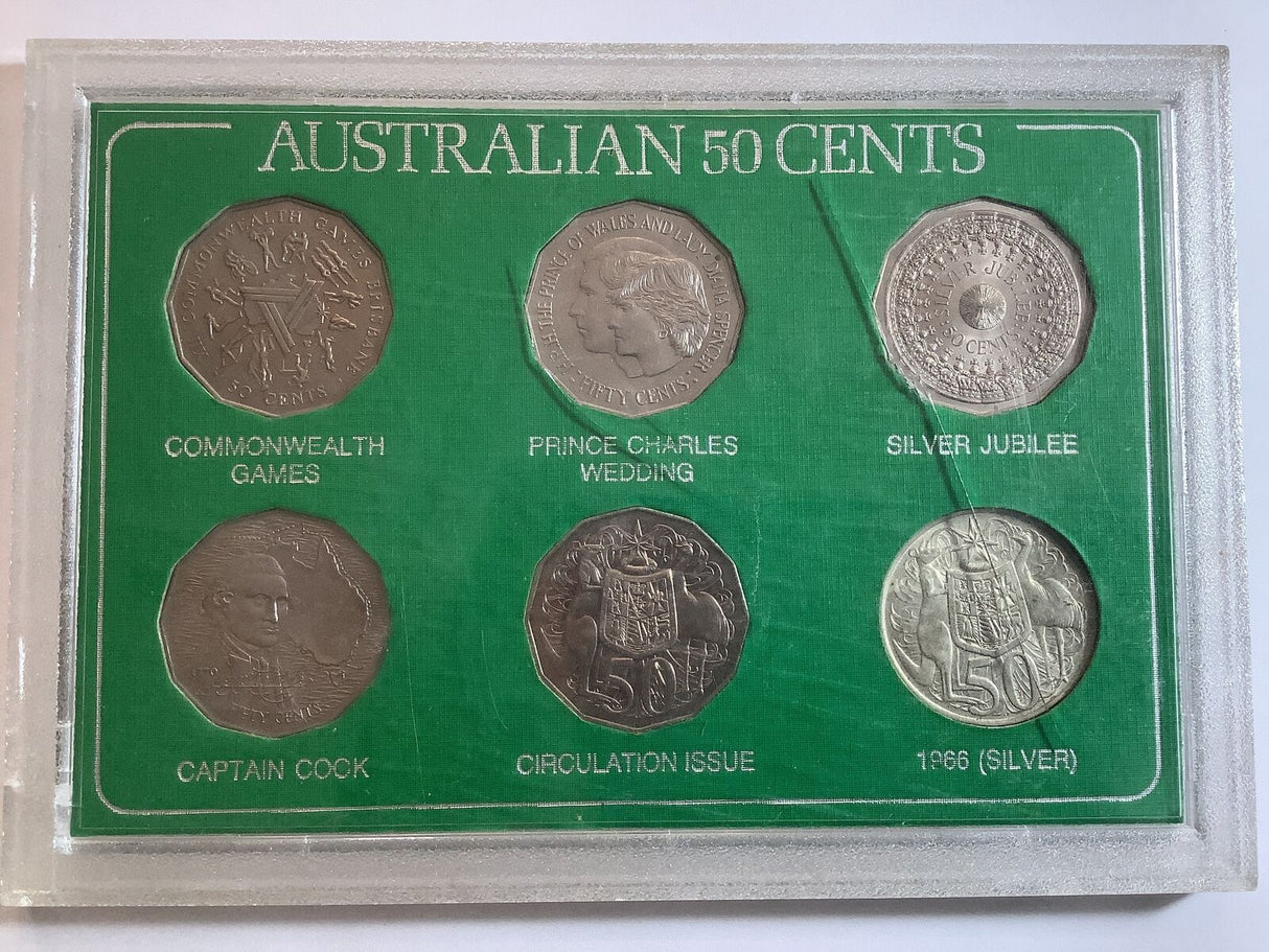1966-1982 Australian 50c Coin Set Green. 6 Coin Set