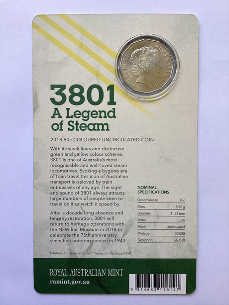 2018 50c Coloured Uncirculated Coin. 3801 A Legend of Steam