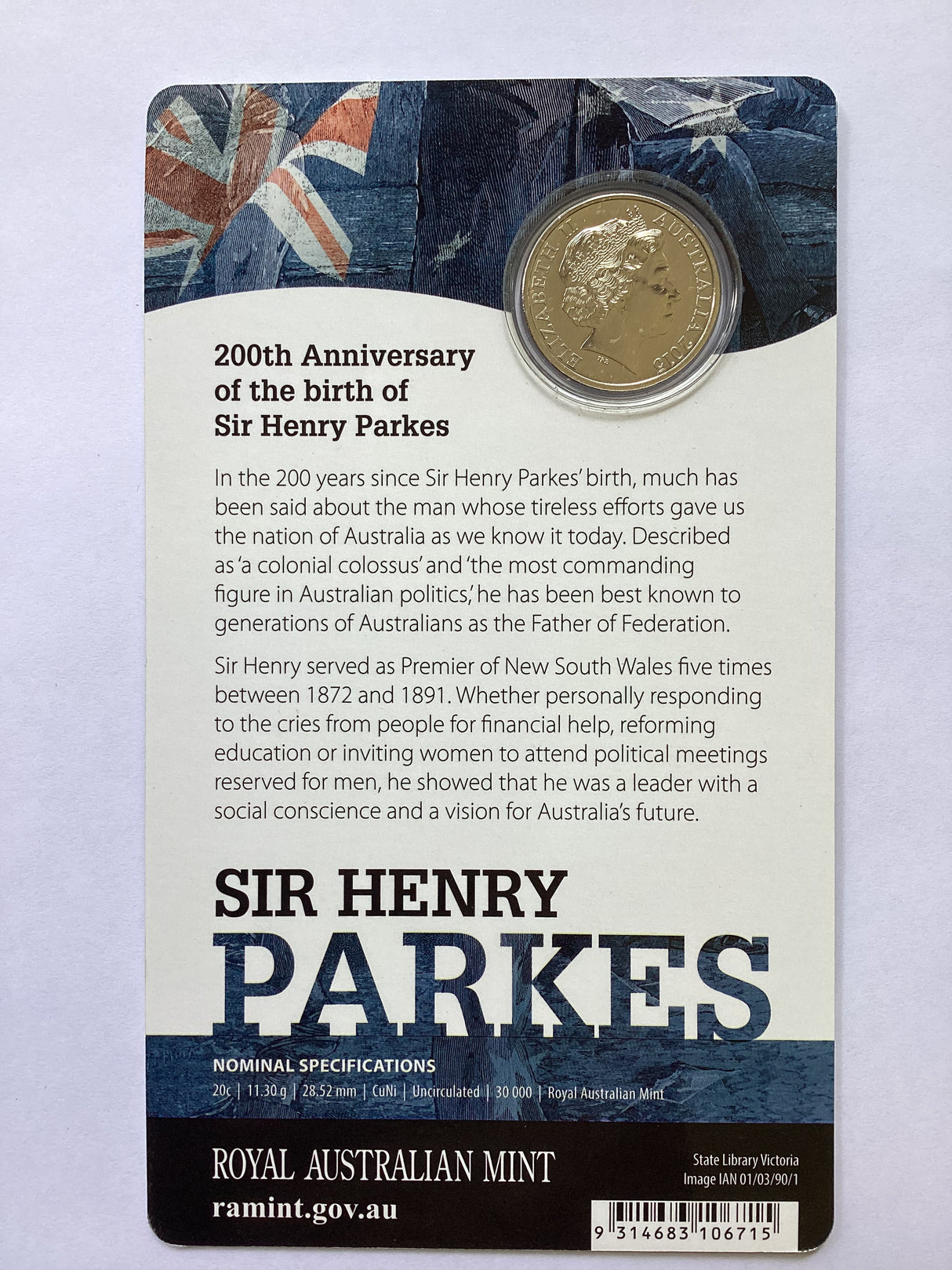 2015 20c Sir Henry Parkes Uncirculated Coin