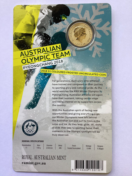 2018 $1 Coloured Uncirculated Coin. Australian Olympic Team Pyeongchang