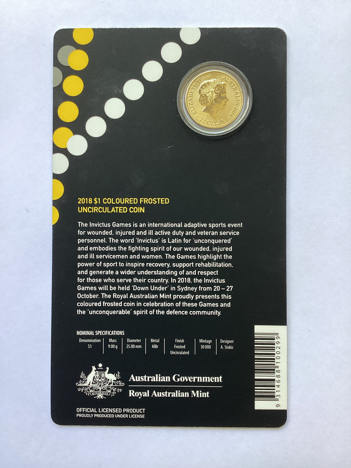 2018 $1 Coloured Uncirculated Coin. Invictus Games