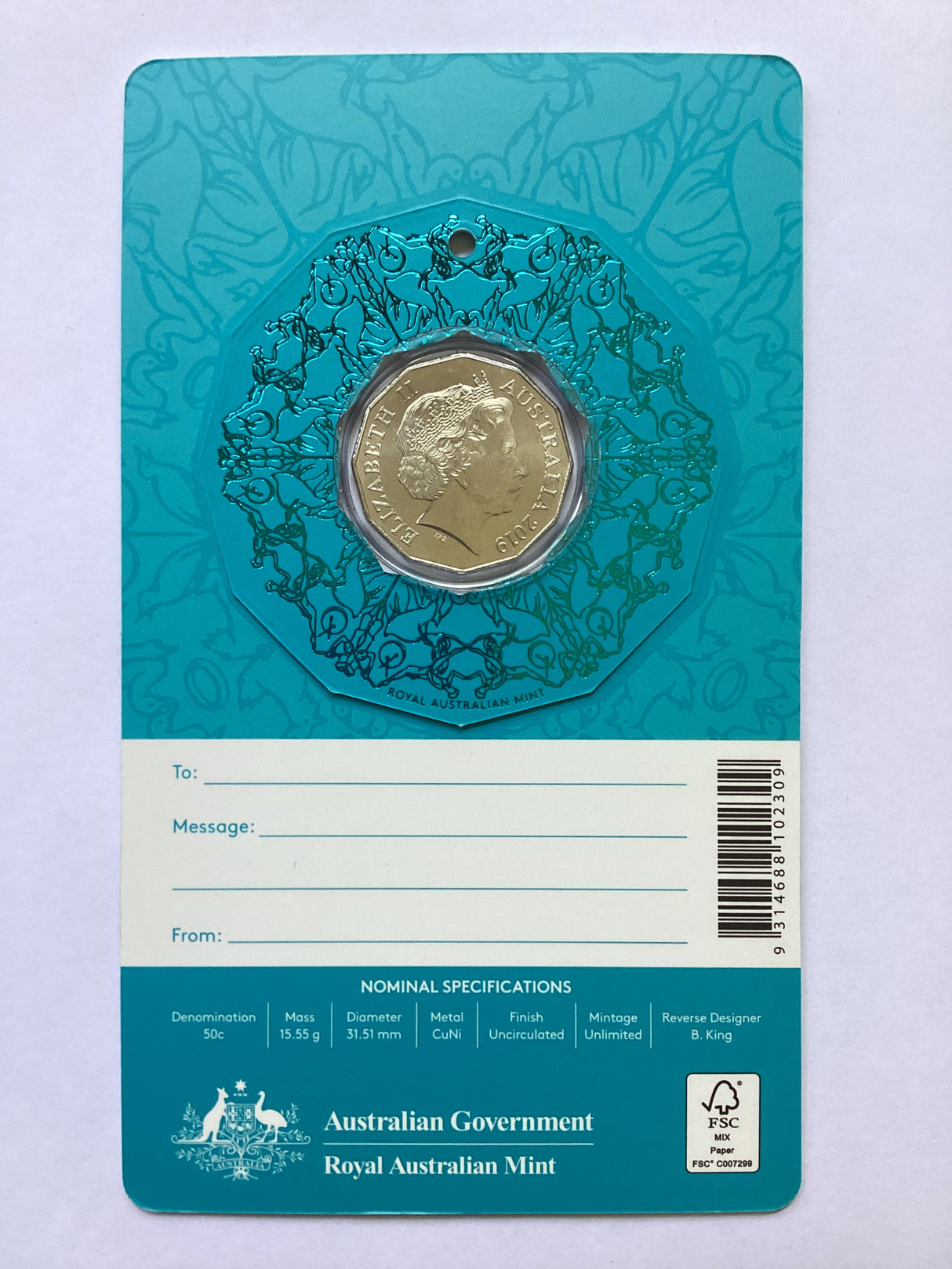 2019 50c Merry Christmas Uncirculated Coin. Random Colour.