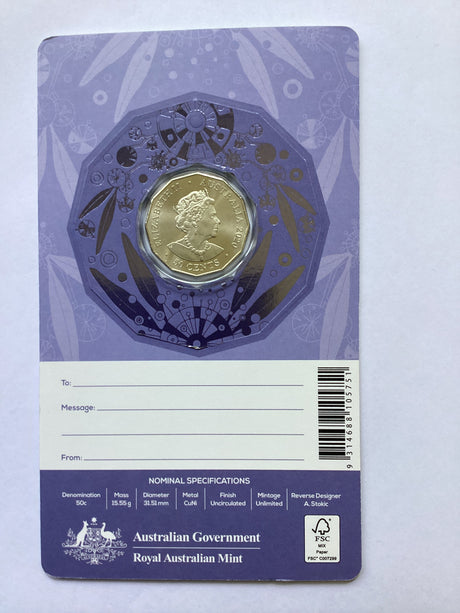 2020 50c Merry Christmas Uncirculated Coin. Random Card Colour.