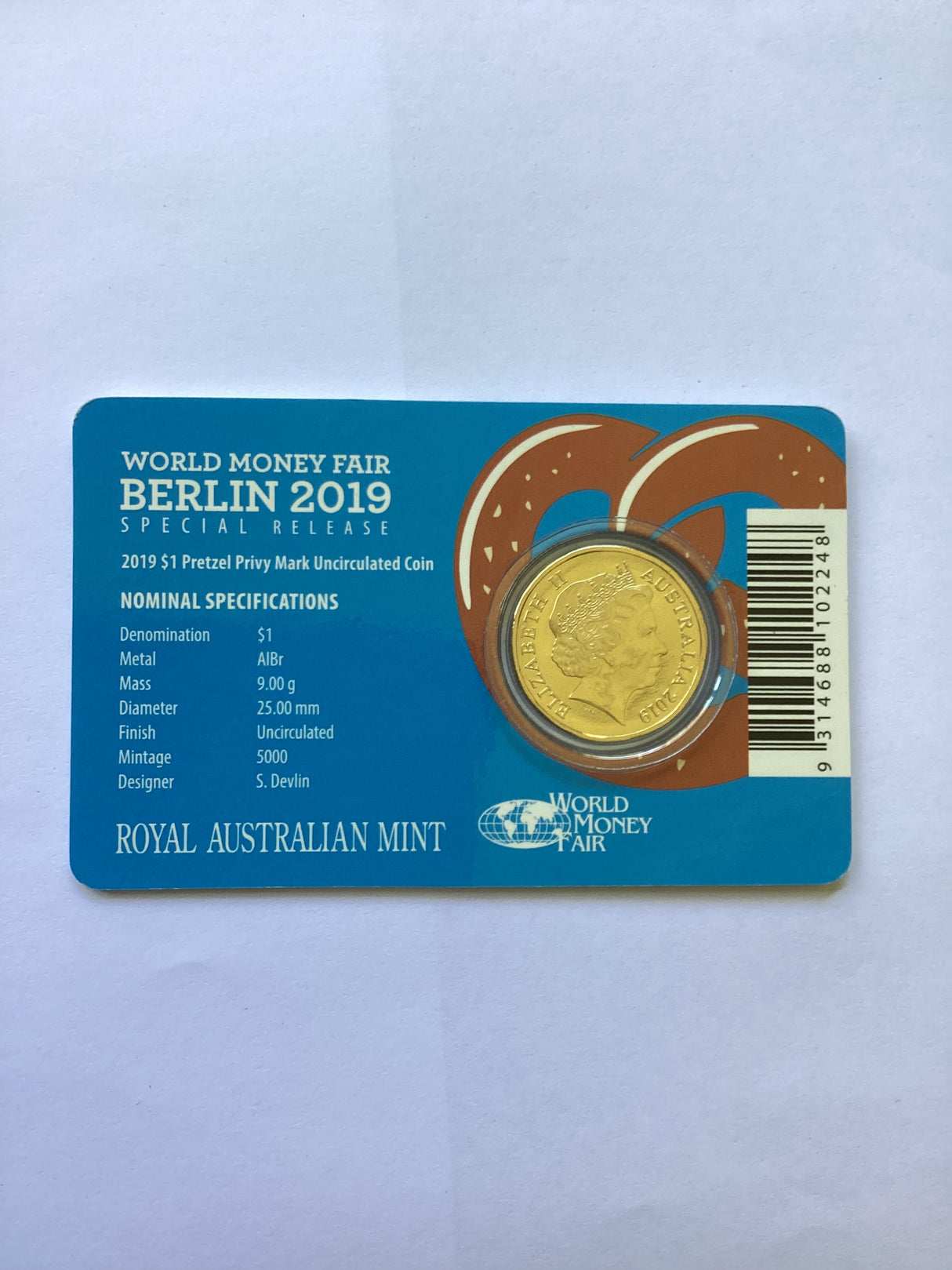 2019 $1 Pretzel Privy Mark Uncirculated Coin. World Money Fair Berlin
