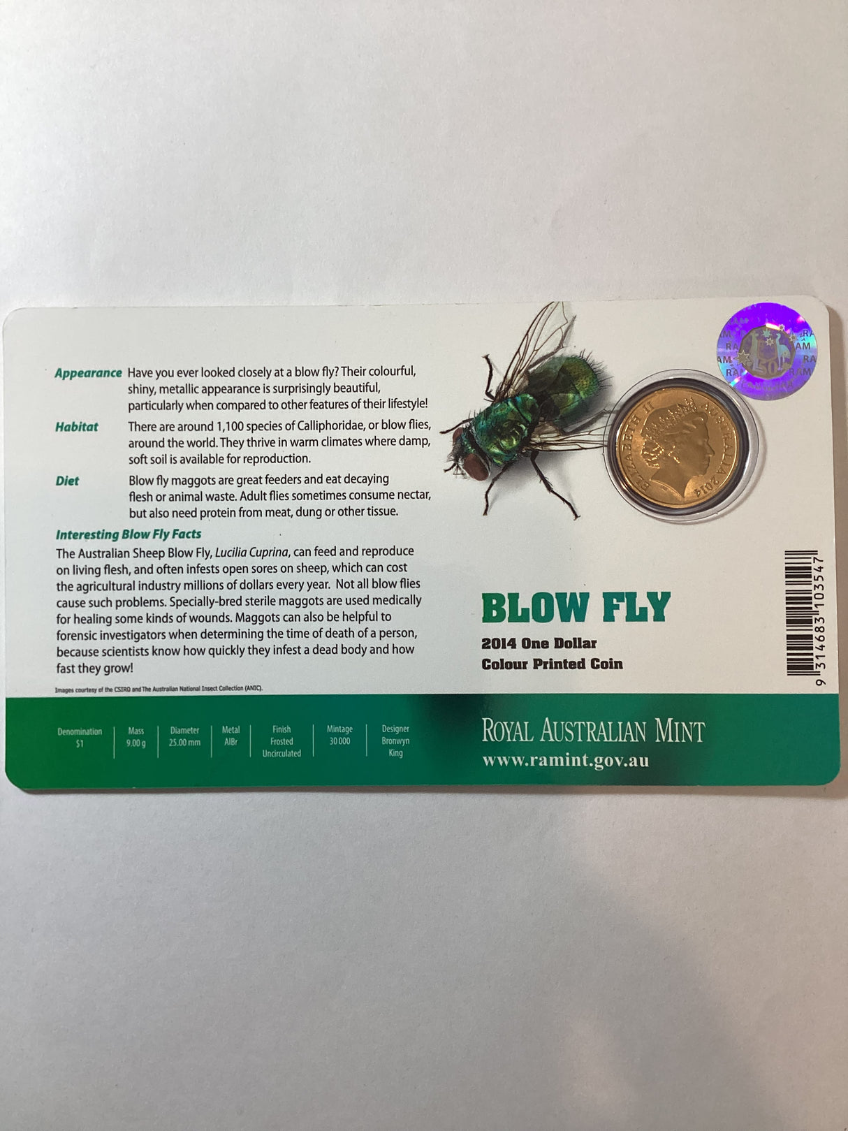 2014 $1 Blow Fly Colour Printed Coin
