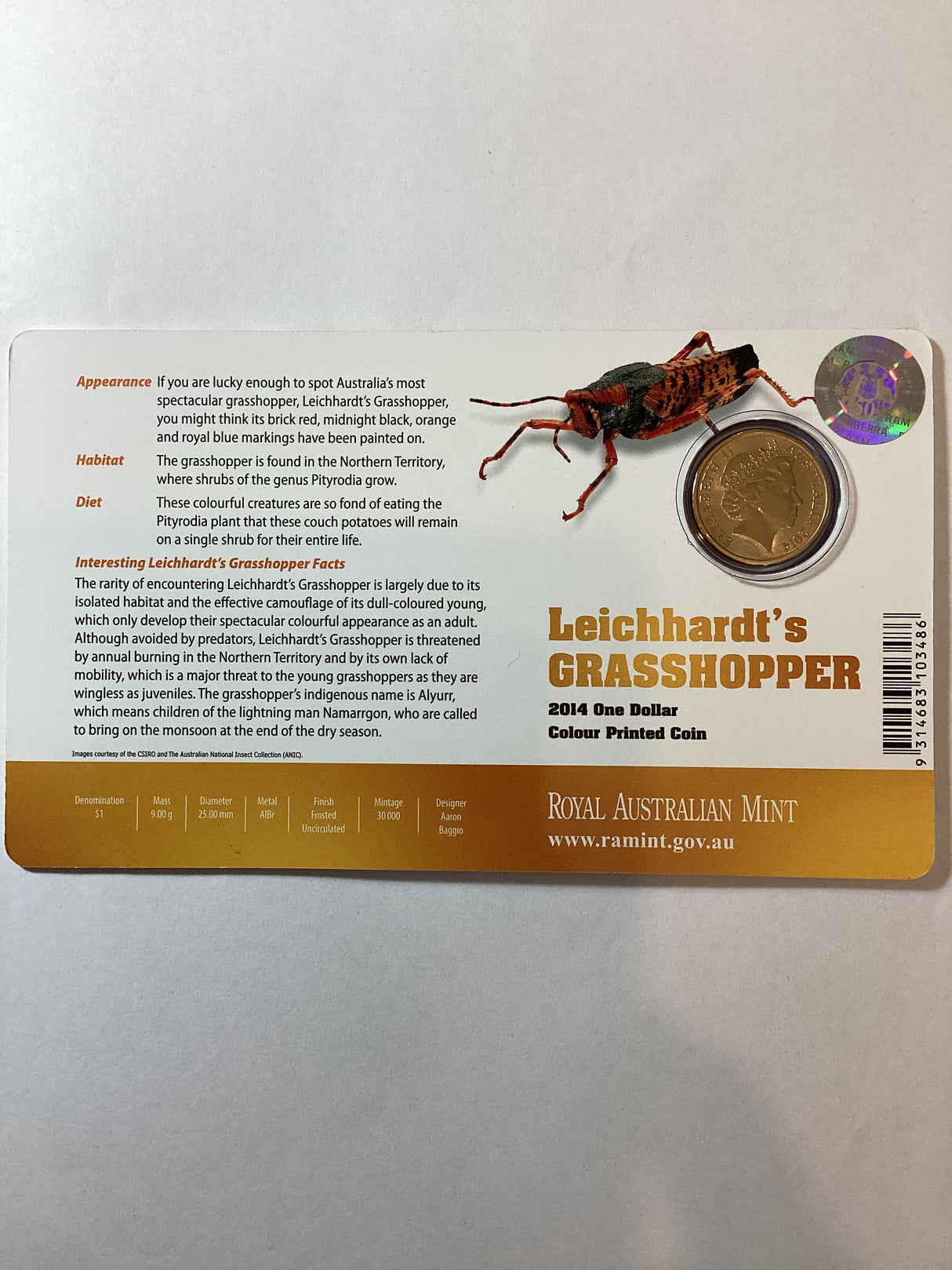 2014 $1 Leichardt's Grasshopper Colour Printed Coin