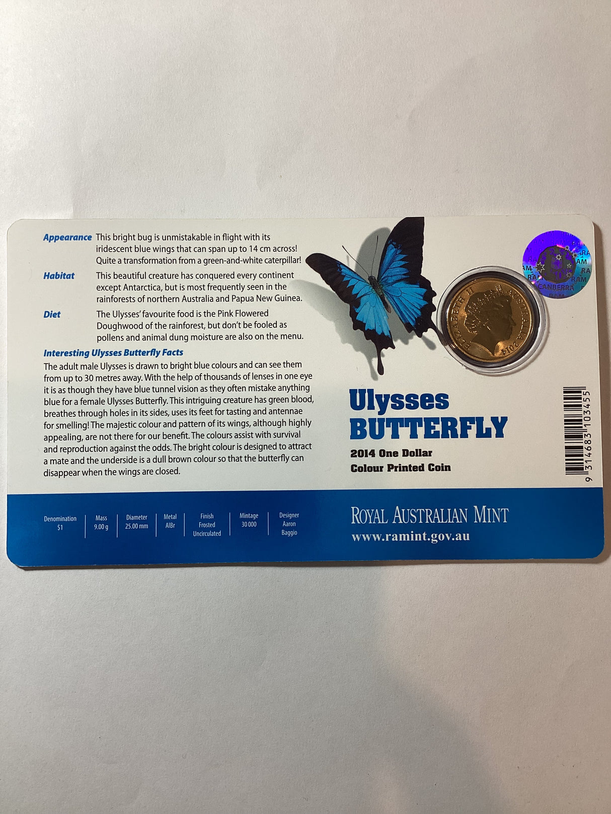 2014 $1 Ulysses Butterfly Colour Printed Coin