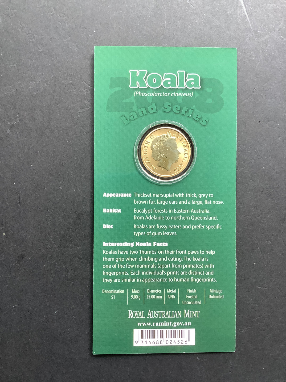 2008 $1 Koala Land Care Series. Pad Printed Coin