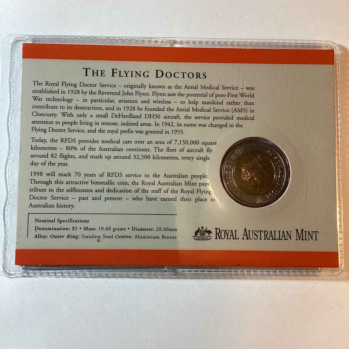 1998 $5 Bimetallic Commemorative Coin. Royal Flying Doctors