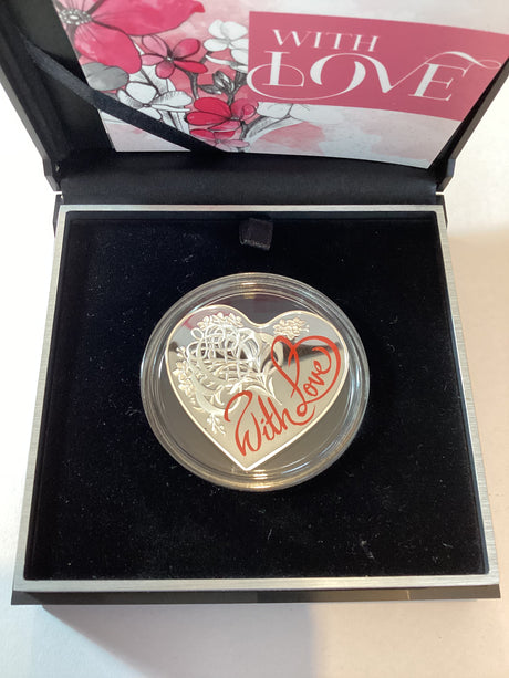 2016 $5 With Love Fine Silver Proof Heart Shaped Coin.