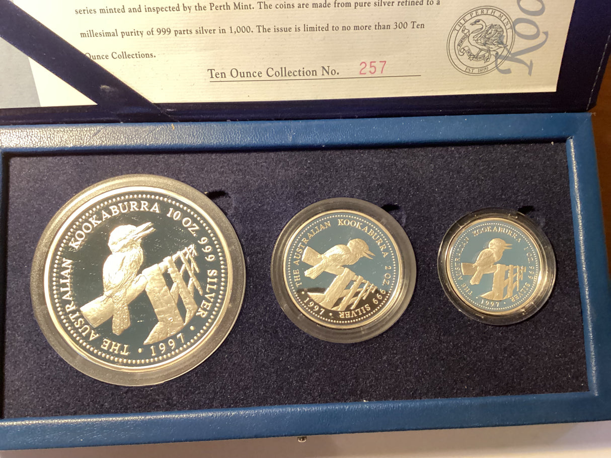 1997 Kookaburra Proof Issue Silver Three-Coin Set. 10 Ounce, 2 Ounce and 1 Ounce.