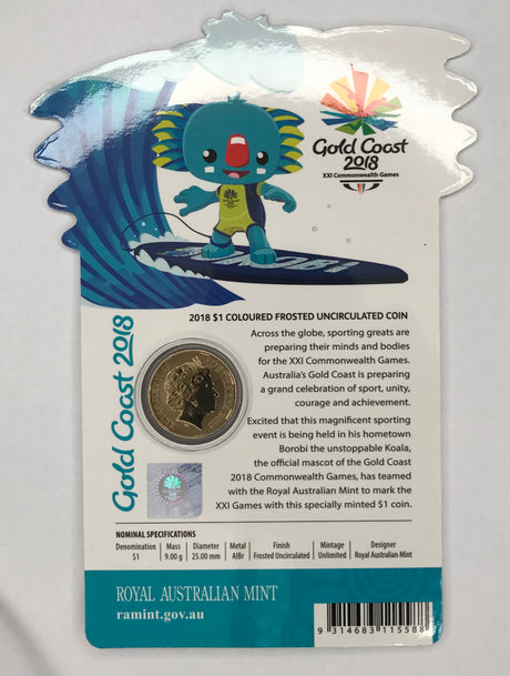 2018 $1 Coloured Frosted Uncirculated Carded Coin. Borobi. Commonwealth Games.