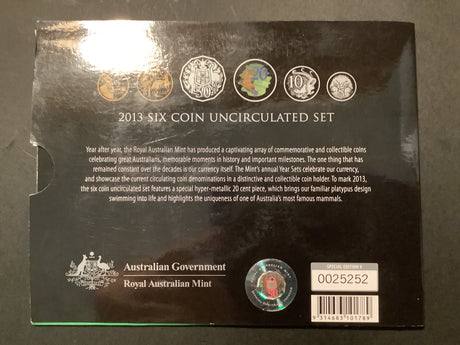 2013 Six Coin Uncirculated Set. Special Hyper Metallic Coloured 20c Coin.