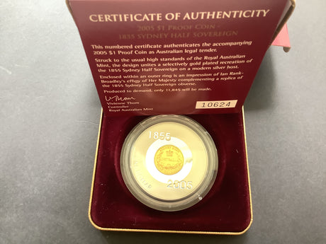 2005 $1 Silver Proof Subscription Coin. 1855 Sydney Half Sovereign.