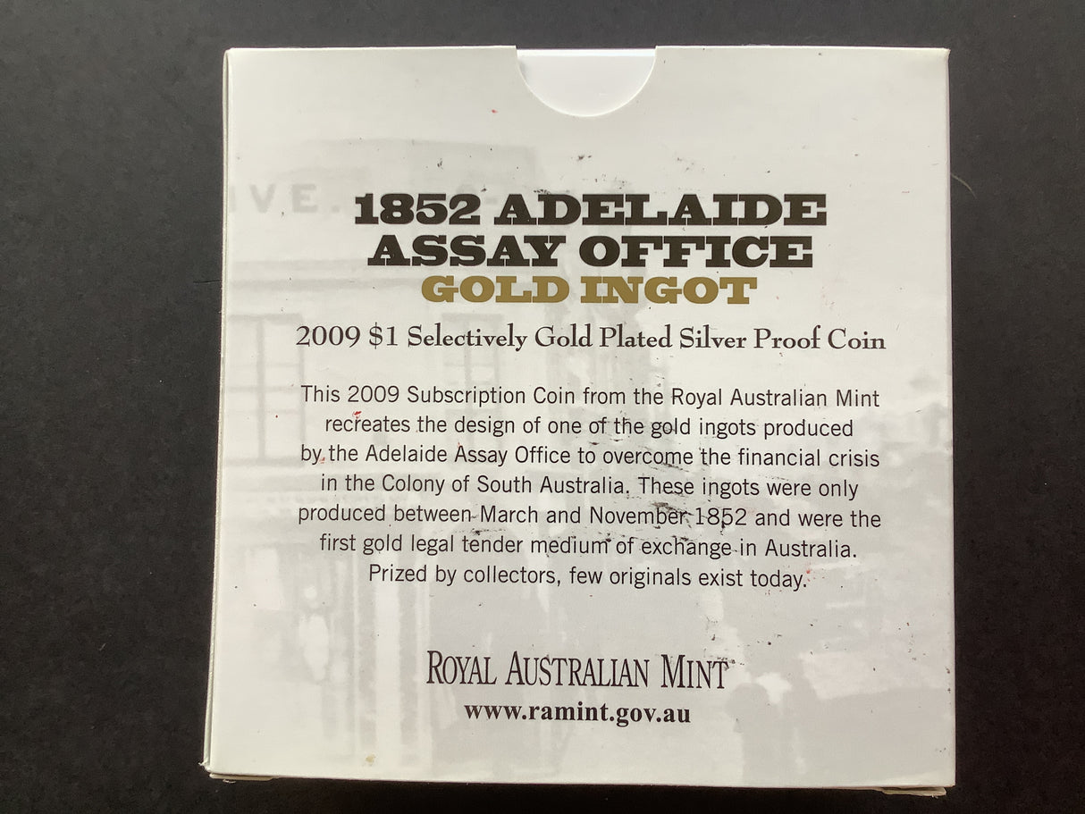 2009 $1 Gold Plated Silver Subscription Proof Coin. 1852 Adelaide Assay Office Gold Ingot.