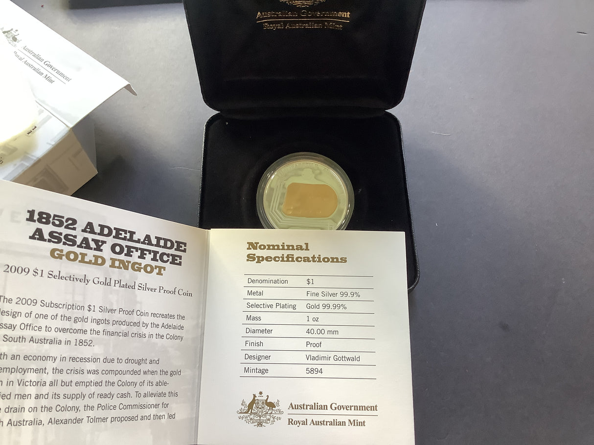 2009 $1 Gold Plated Silver Subscription Proof Coin. 1852 Adelaide Assay Office Gold Ingot.