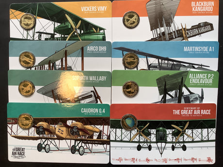 2019 Centenary of the Great Air Race England to Australia. 8 Coin Tin Set.